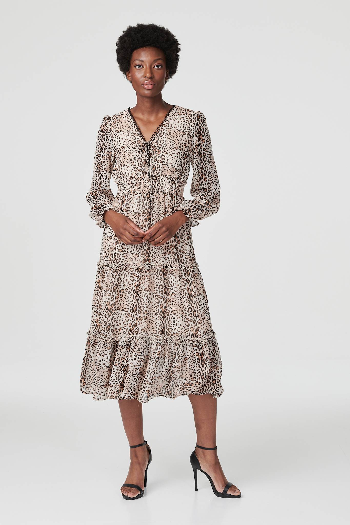 Beige | Leopard Print Long Sleeve Dress