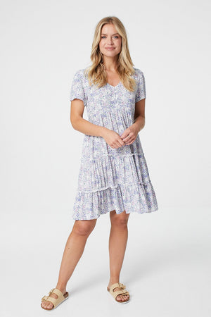 Purple | Ditsy Floral Smock Mini Dress