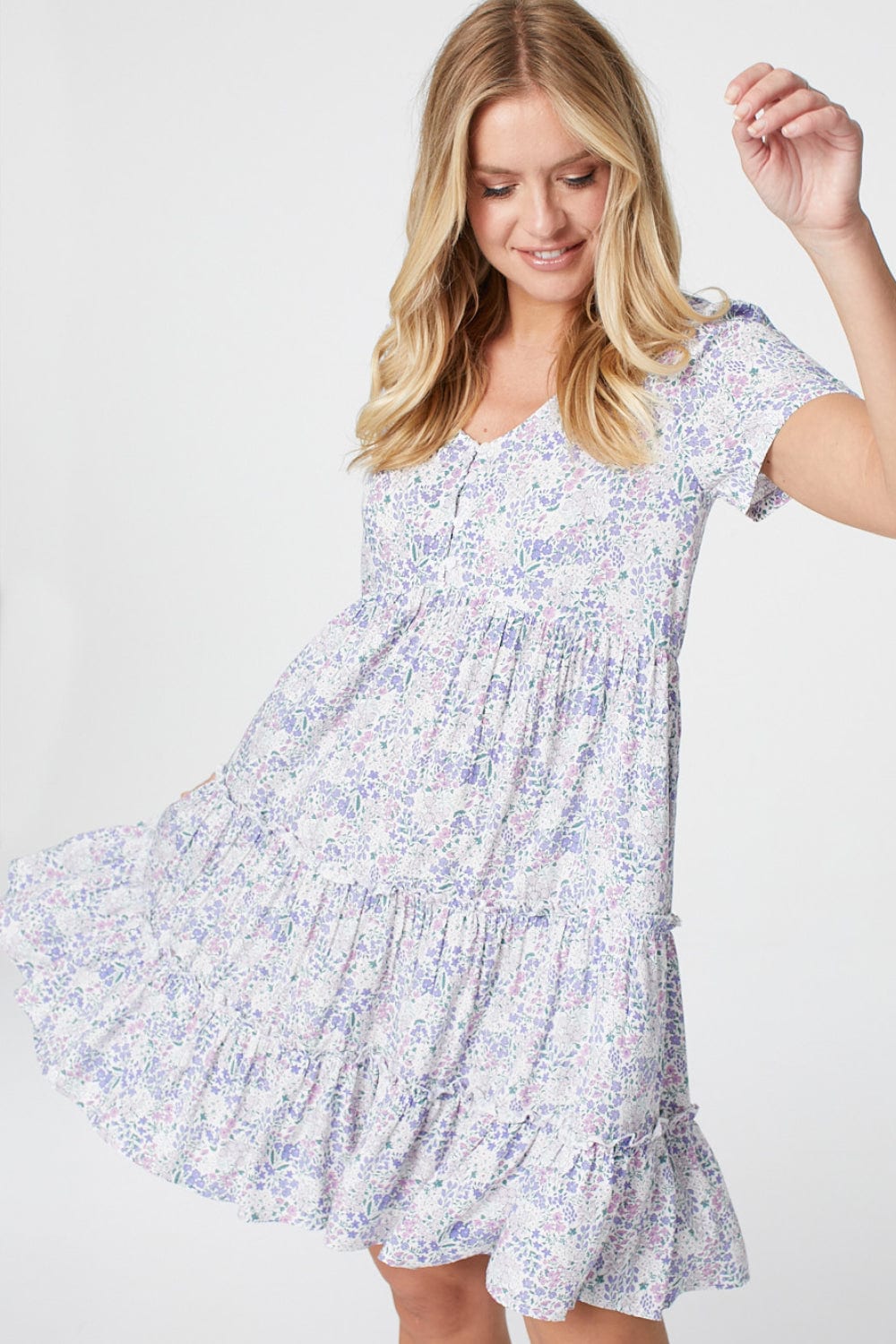 Purple | Ditsy Floral Smock Mini Dress