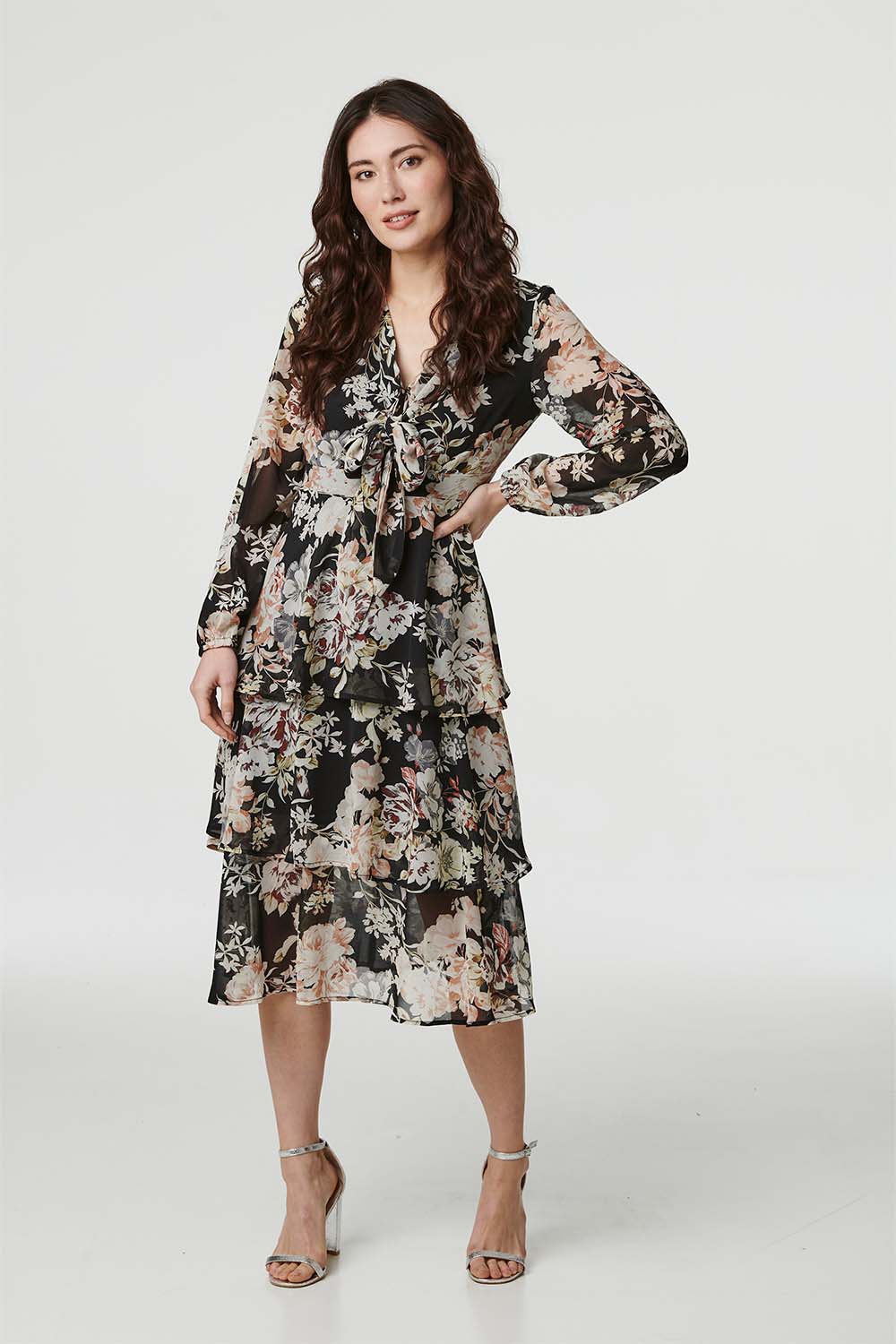 Floral V-Neck Tiered Midi Dress