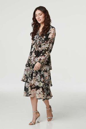 Floral V-Neck Tiered Midi Dress