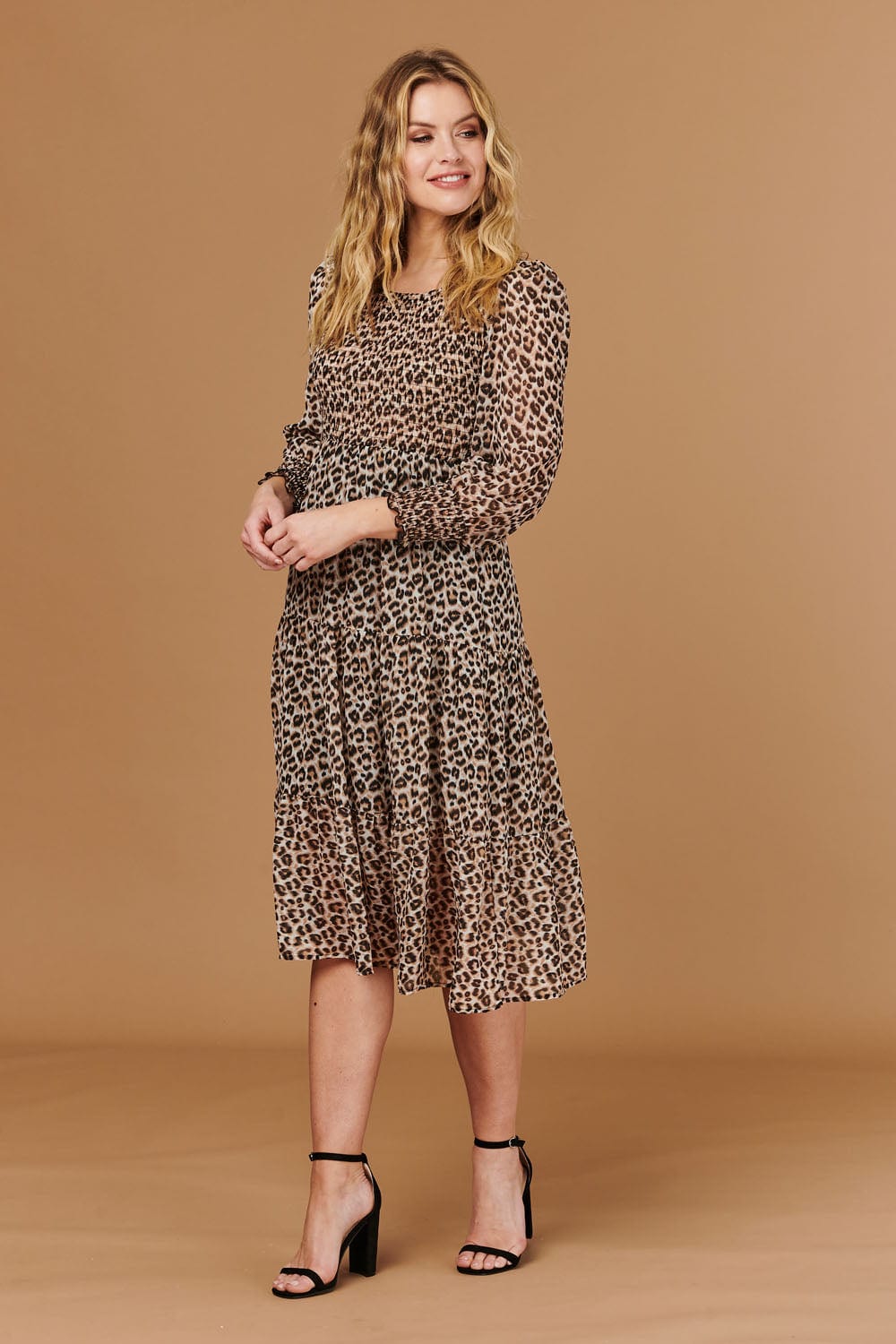 Beige | Animal Print Smocked Midi Dress