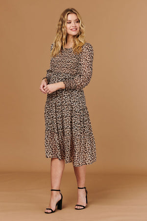 Beige | Animal Print Smocked Midi Dress