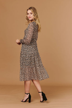 Beige | Animal Print Smocked Midi Dress