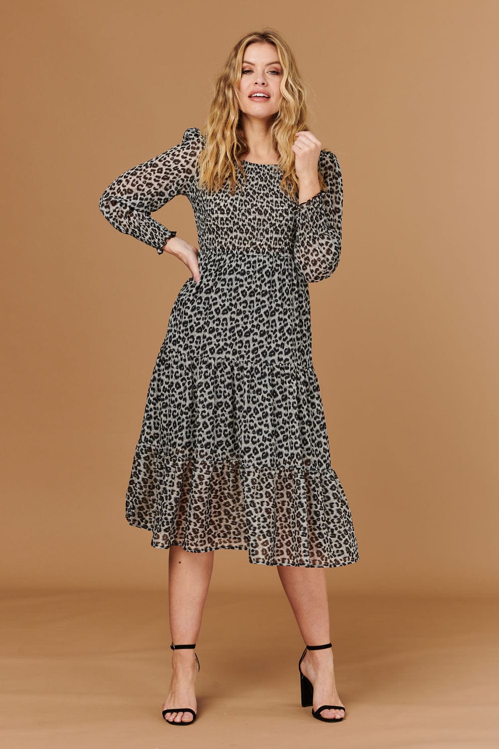 Grey | Animal Print Smocked Midi Dress