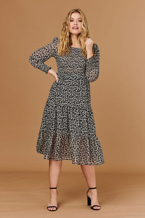 Grey | Animal Print Smocked Midi Dress