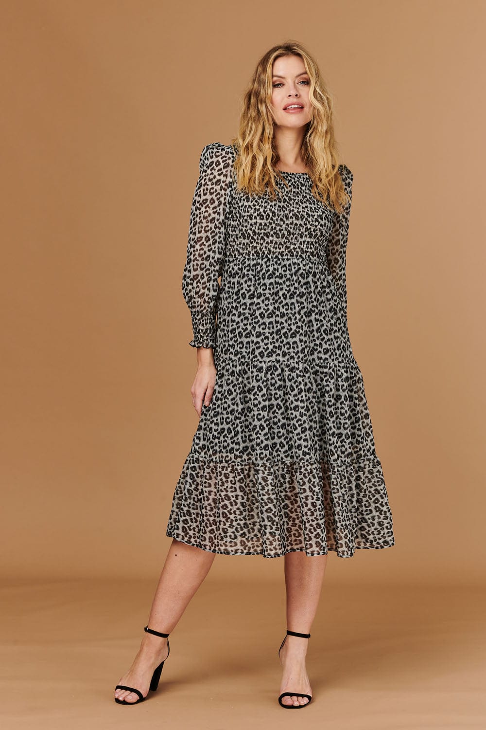 Grey | Animal Print Smocked Midi Dress