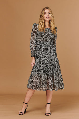 Grey | Animal Print Smocked Midi Dress