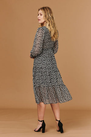 Grey | Animal Print Smocked Midi Dress