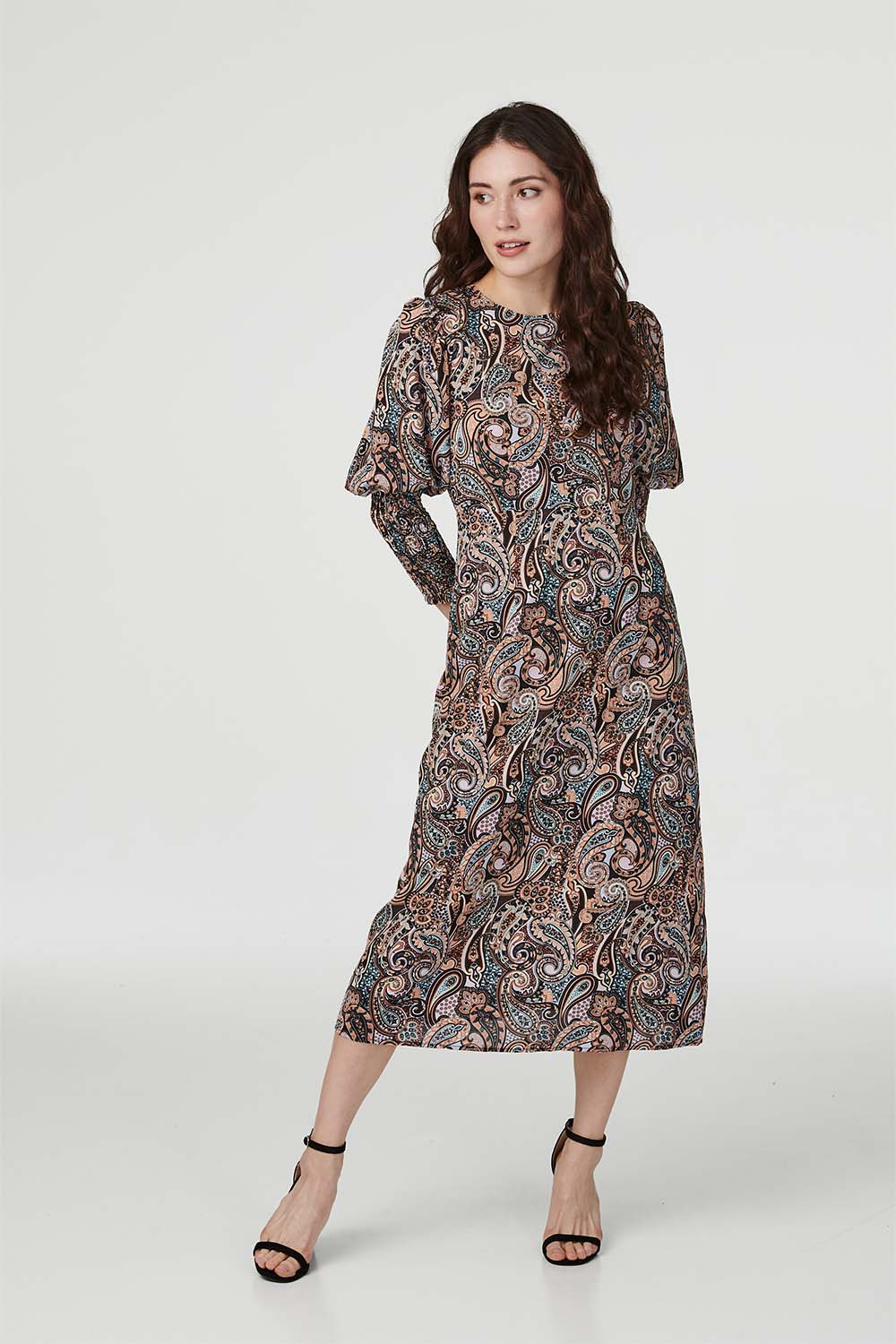 Black | Paisley Print Long Sleeve Midi Dress