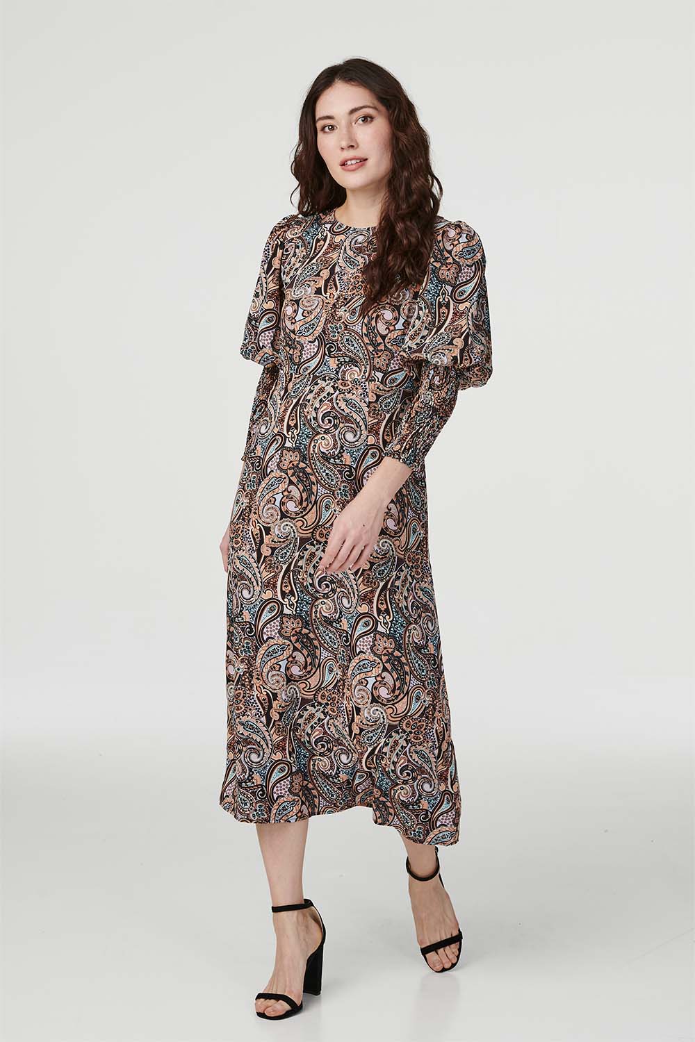 Black | Paisley Print Long Sleeve Midi Dress