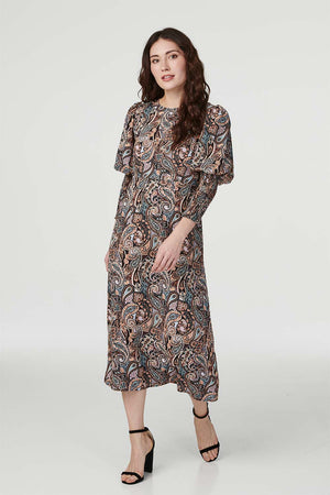 Black | Paisley Print Long Sleeve Midi Dress
