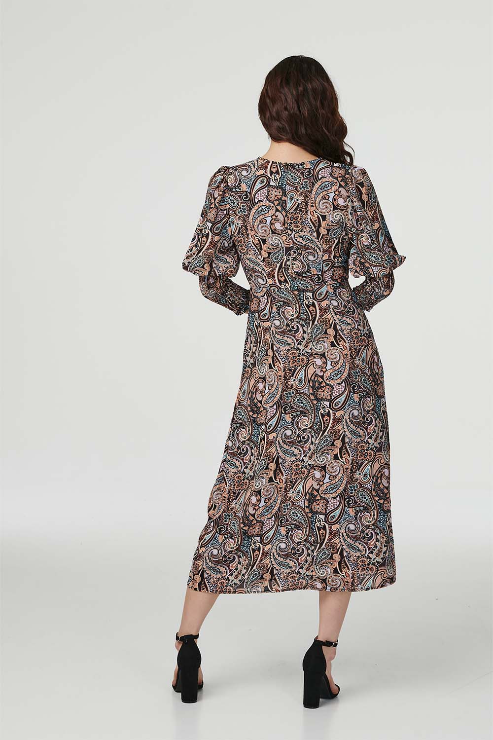 Black | Paisley Print Long Sleeve Midi Dress