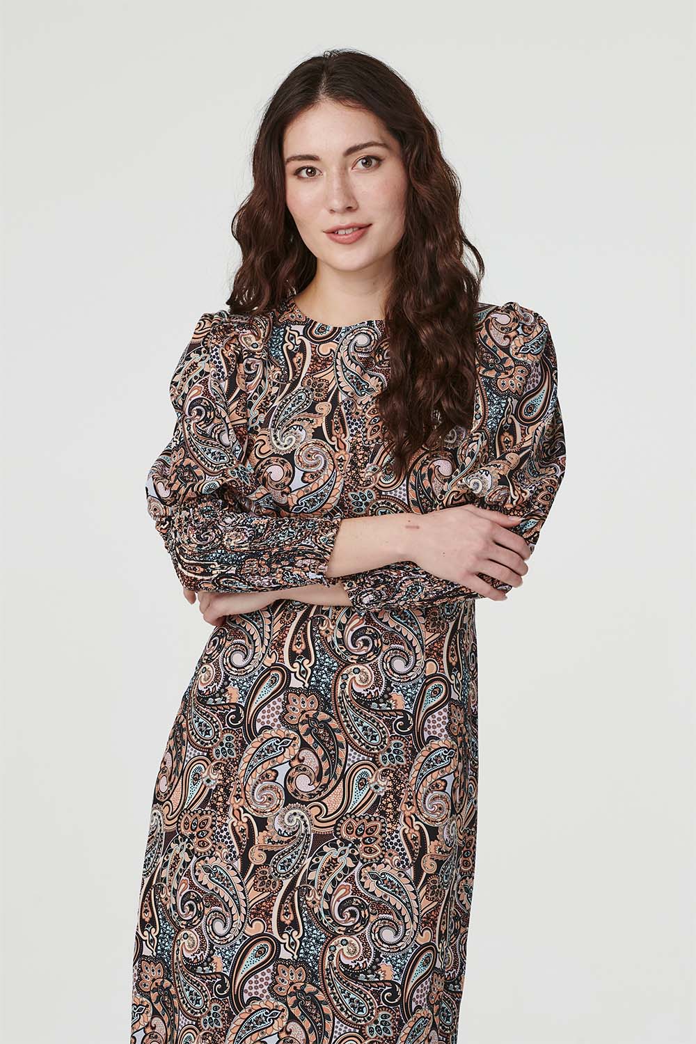 Black | Paisley Print Long Sleeve Midi Dress