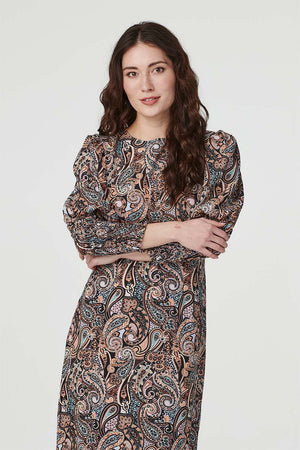 Black | Paisley Print Long Sleeve Midi Dress