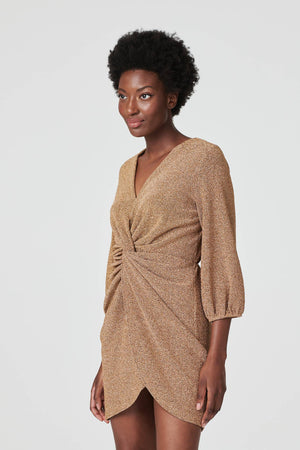 Gold | Twist Front 3/4 Sleeve Mini Dress