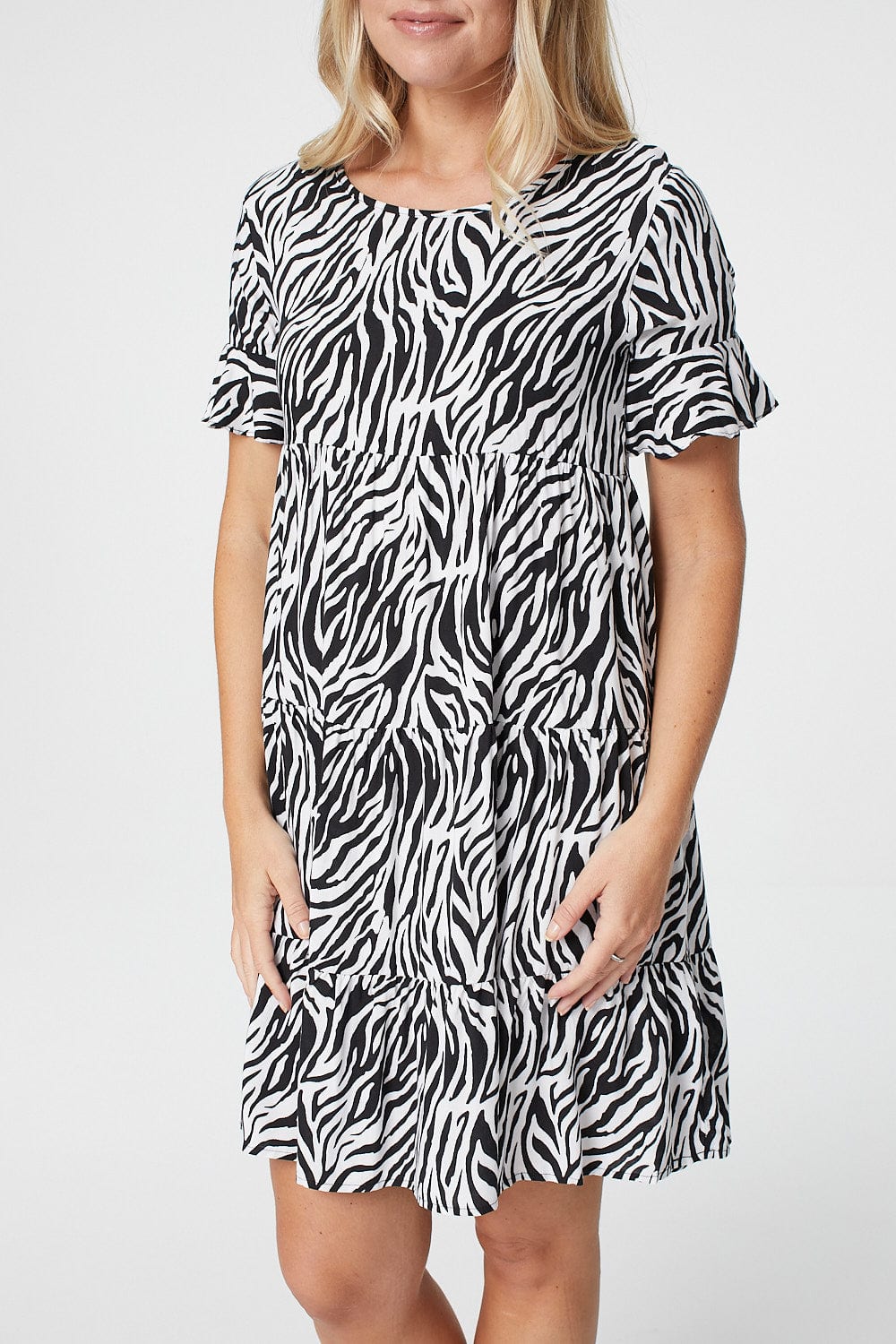White | Products Zebra Print Tiered Smock Dress