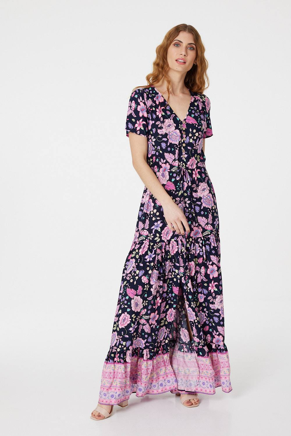 Navy | Floral V-Neck Tiered Maxi Dress