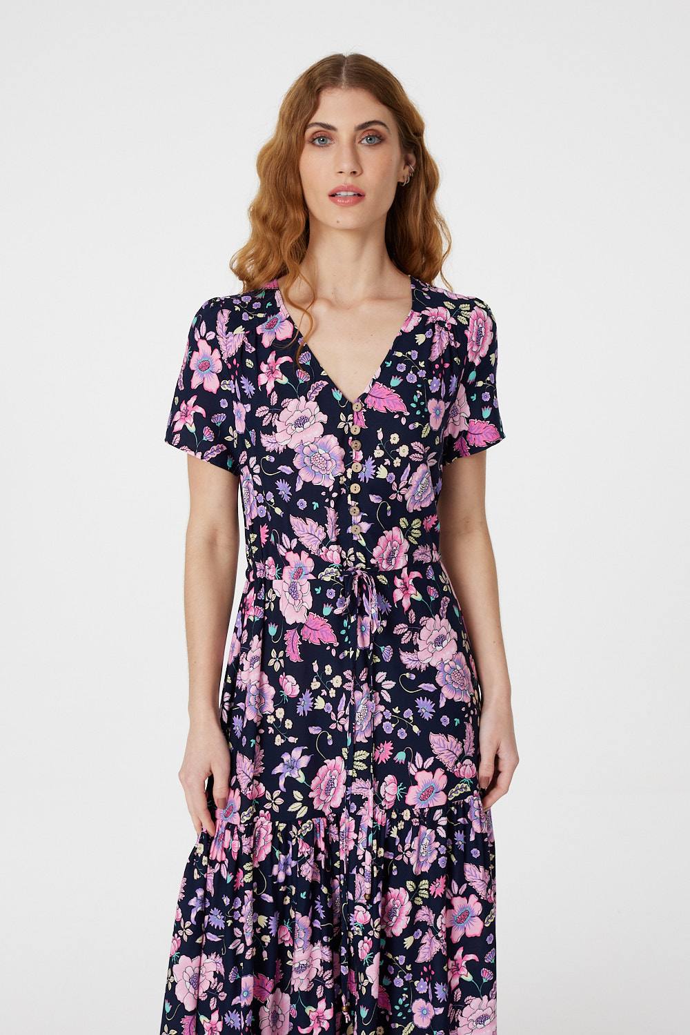 Navy | Floral V-Neck Tiered Maxi Dress