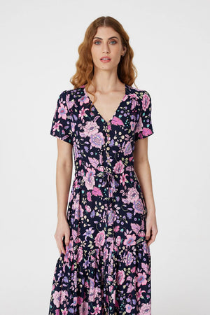 Navy | Floral V-Neck Tiered Maxi Dress