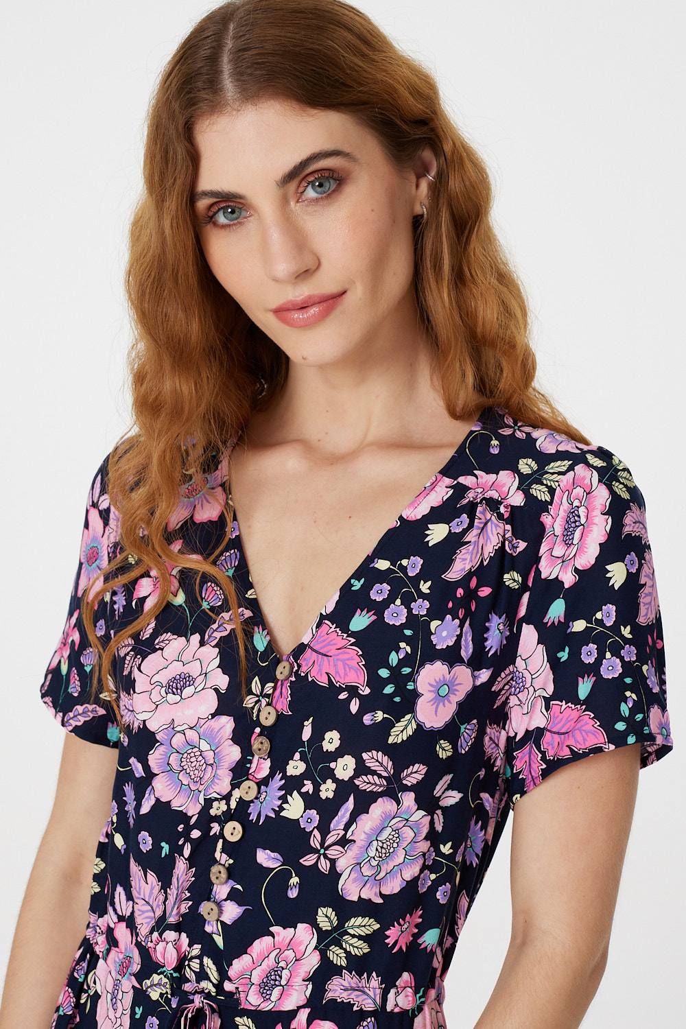 Navy | Floral V-Neck Tiered Maxi Dress