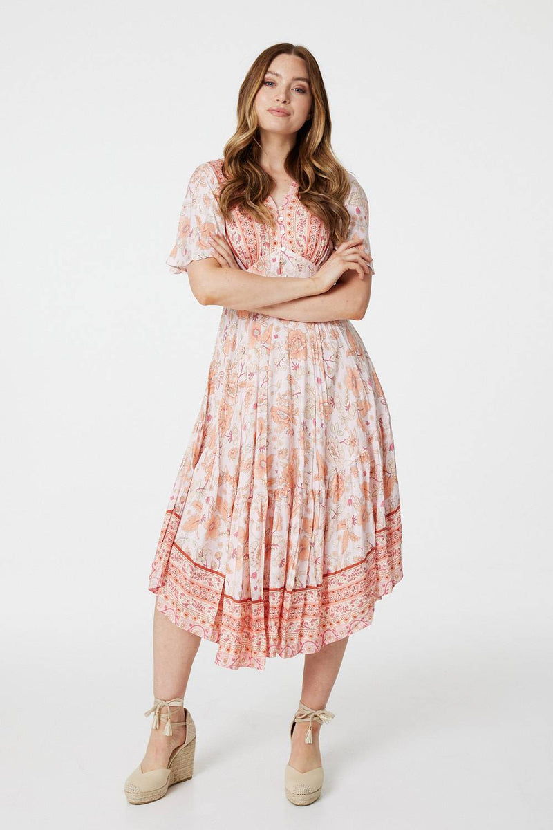 Coral | Boho Floral Flared Sleeve Midi Dress