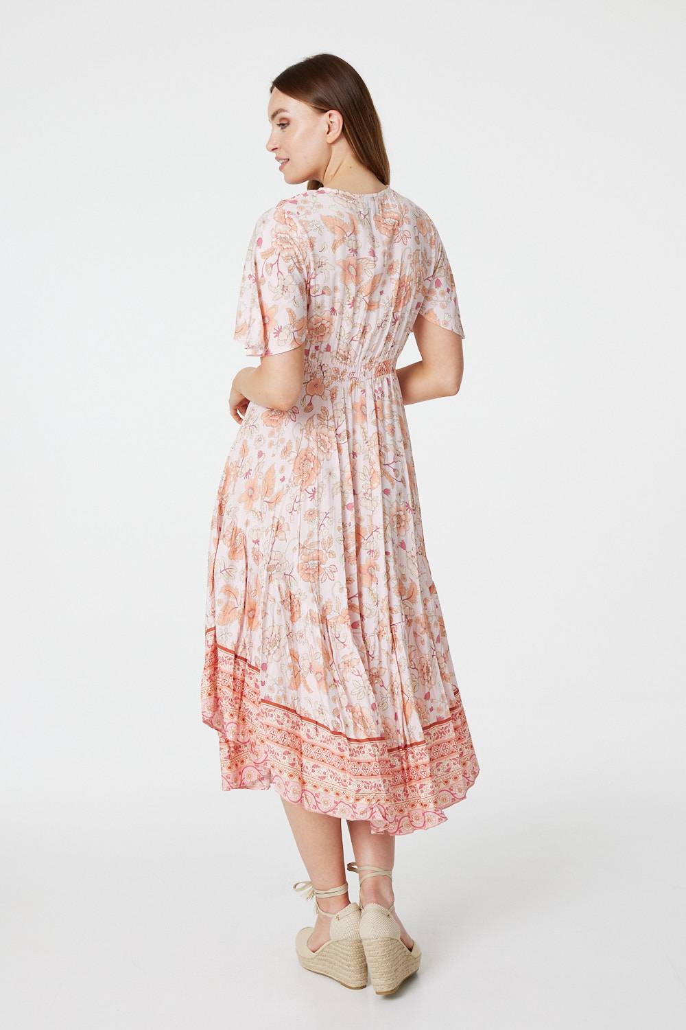 Coral | Boho Floral Flared Sleeve Midi Dress
