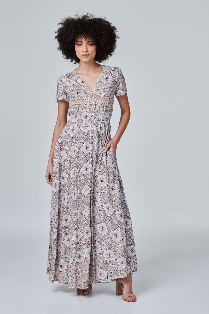Beige | Printed Button Front Maxi Dress