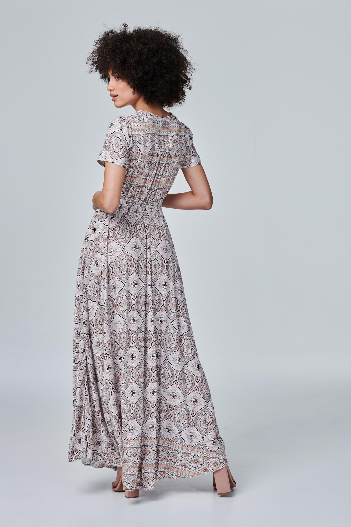Beige | Printed Button Front Maxi Dress