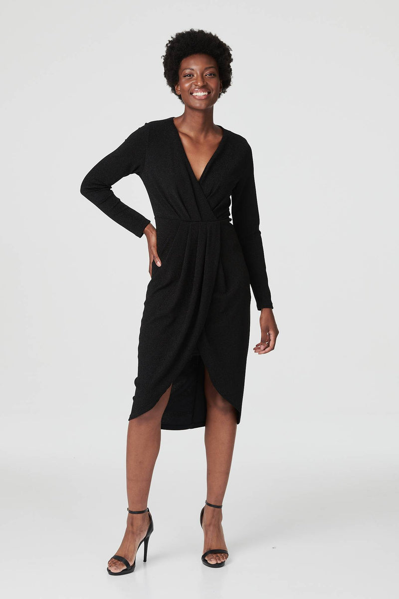 Black | Lurex Wrap Front Evening Dress