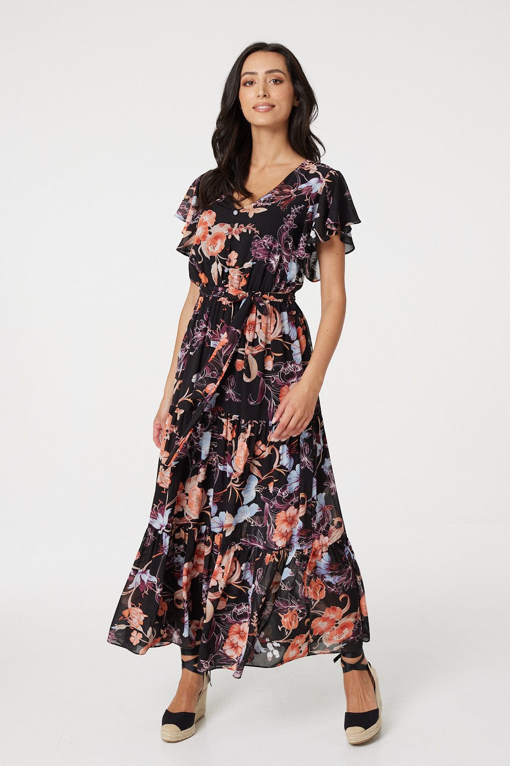 Black | Floral Frill Sleeve Tiered Maxi Dress