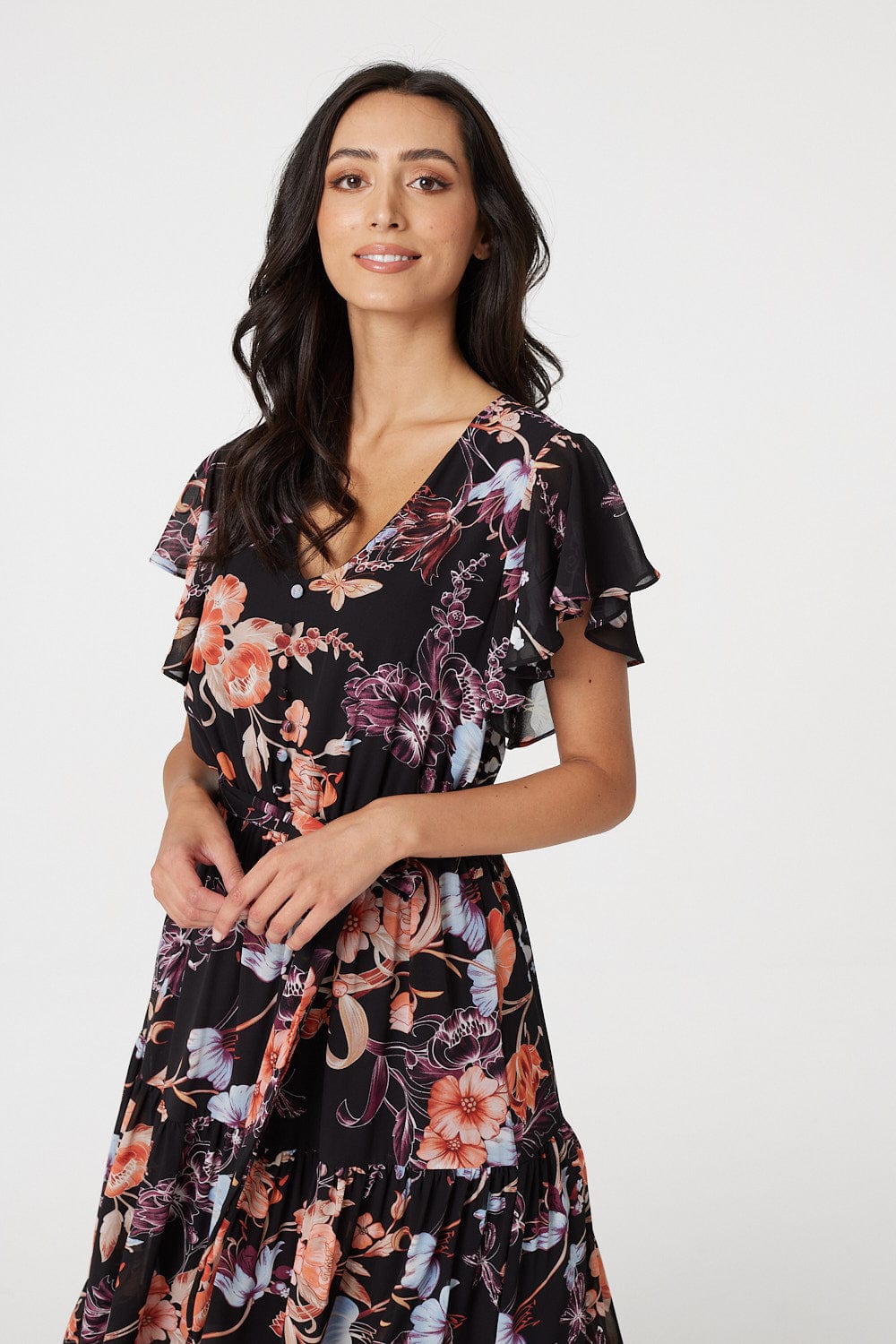 Black | Floral Frill Sleeve Tiered Maxi Dress