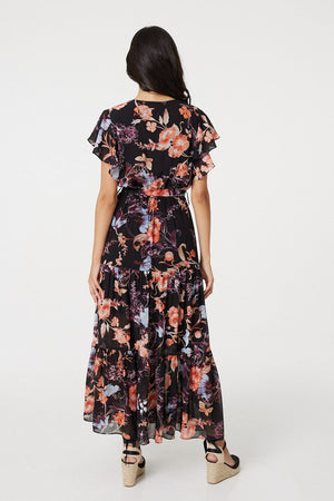 Black | Floral Frill Sleeve Tiered Maxi Dress