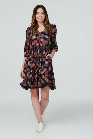 Navy | Polka Dot 3/4 Sleeve Smock Dress