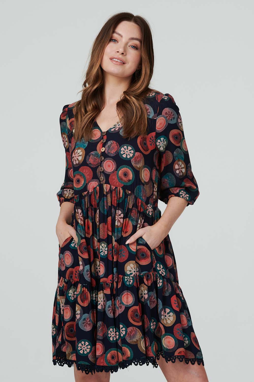 Navy | Polka Dot 3/4 Sleeve Smock Dress