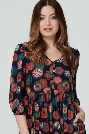 Navy | Polka Dot 3/4 Sleeve Smock Dress