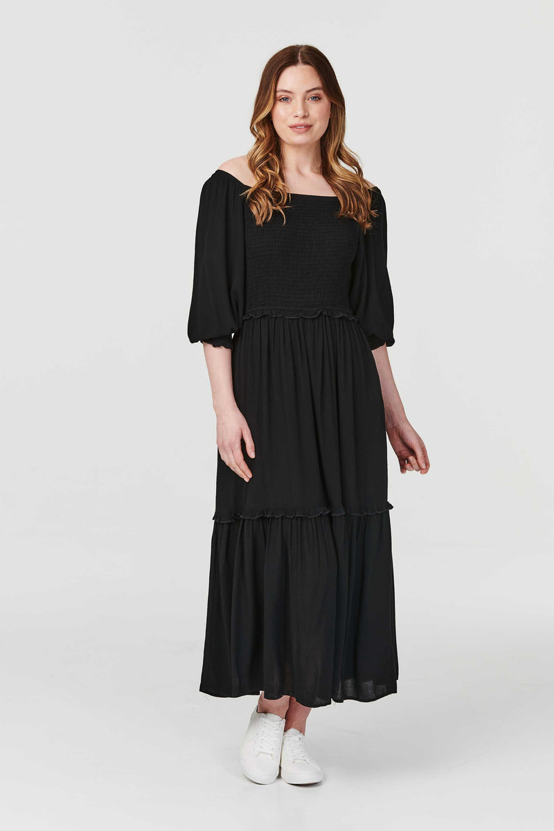 Black | Off The Shoulder Tiered Maxi Dress