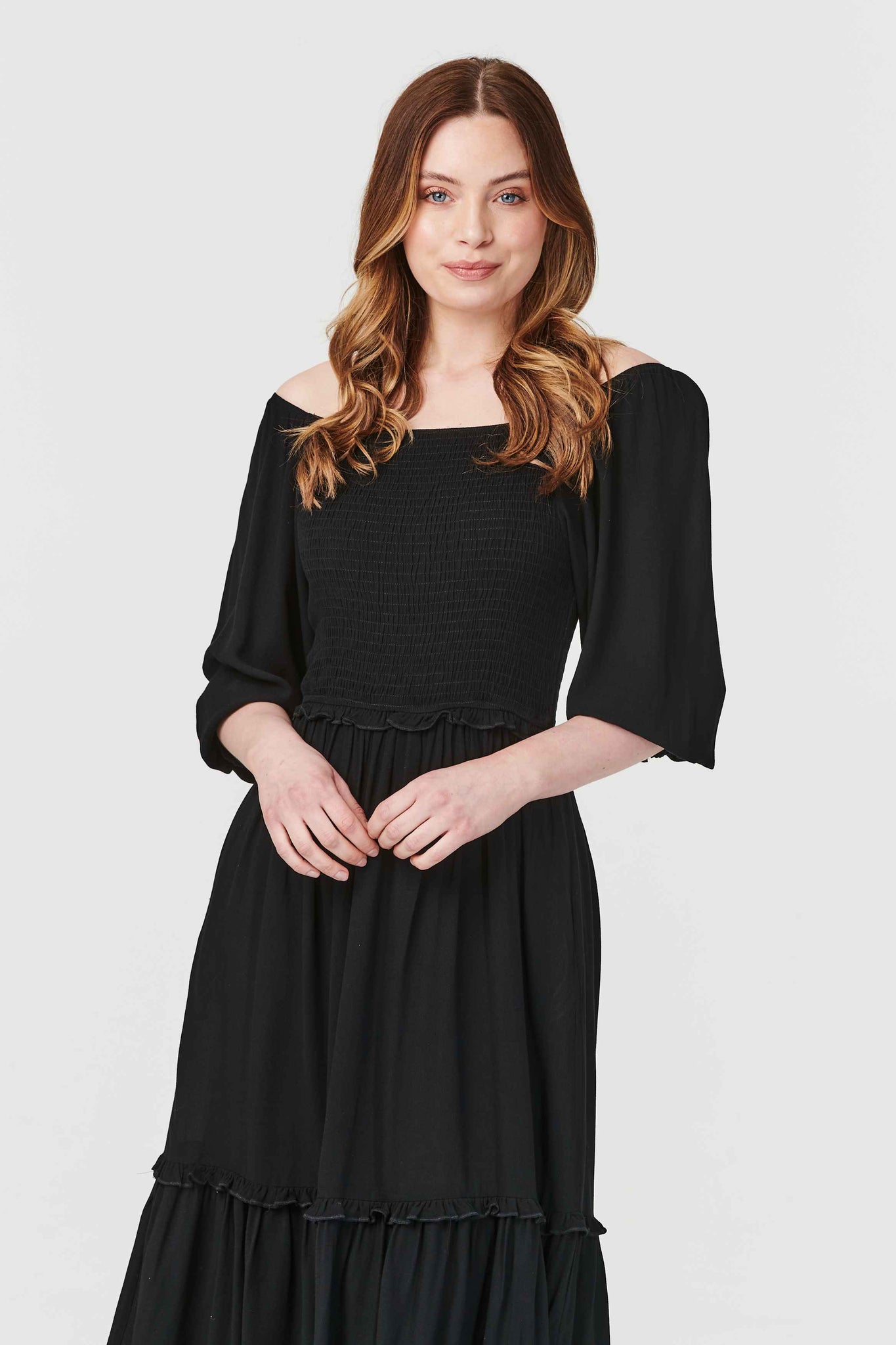 Black | Off The Shoulder Tiered Maxi Dress