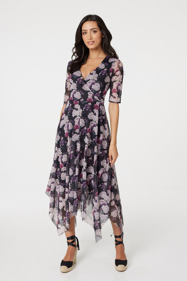 Black | Floral 3/4 Sleeve Mesh Dress