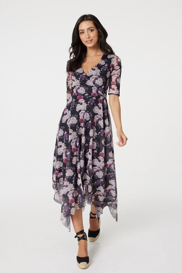 Black | Floral 3/4 Sleeve Mesh Dress