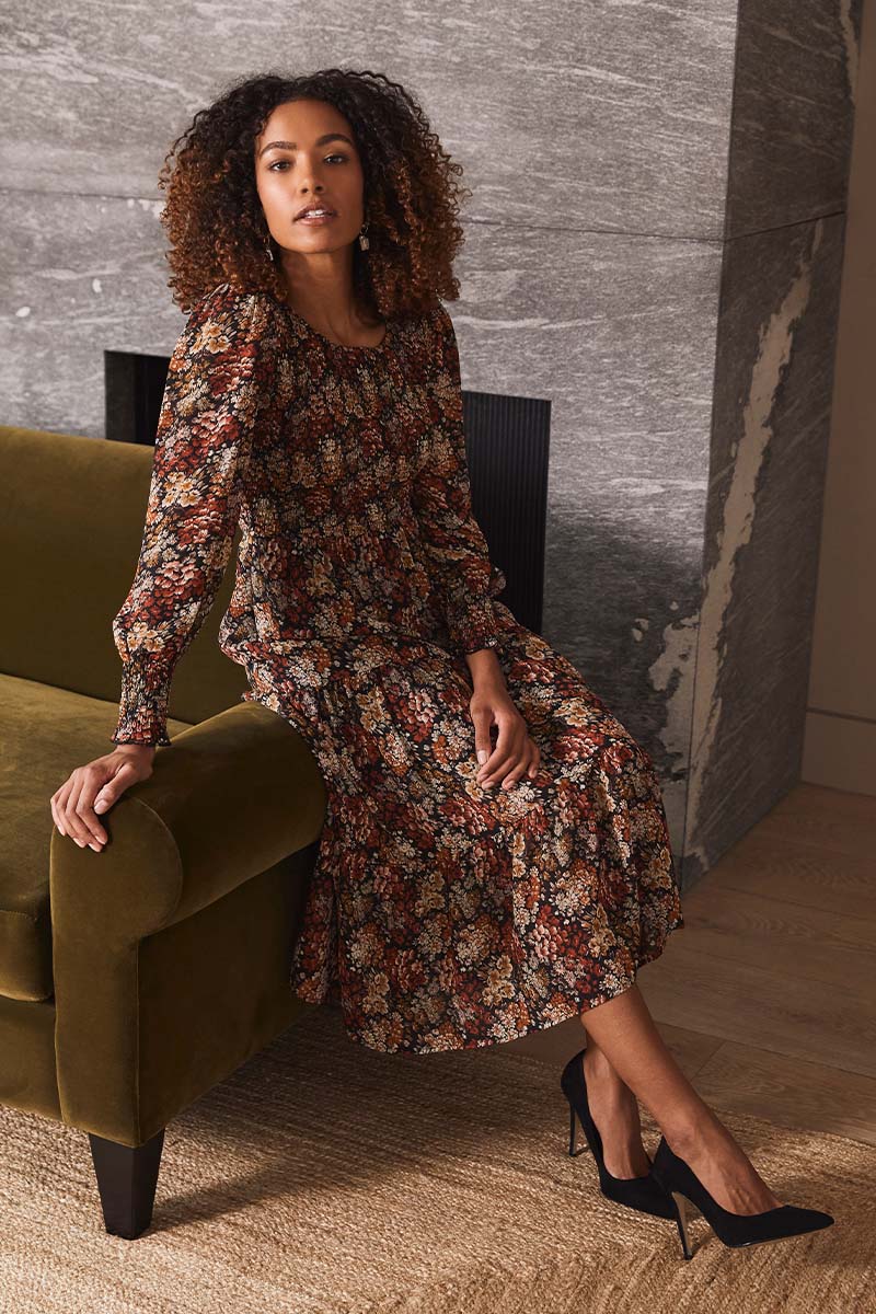 Rust | Vintage Floral Smocked Midi Dress