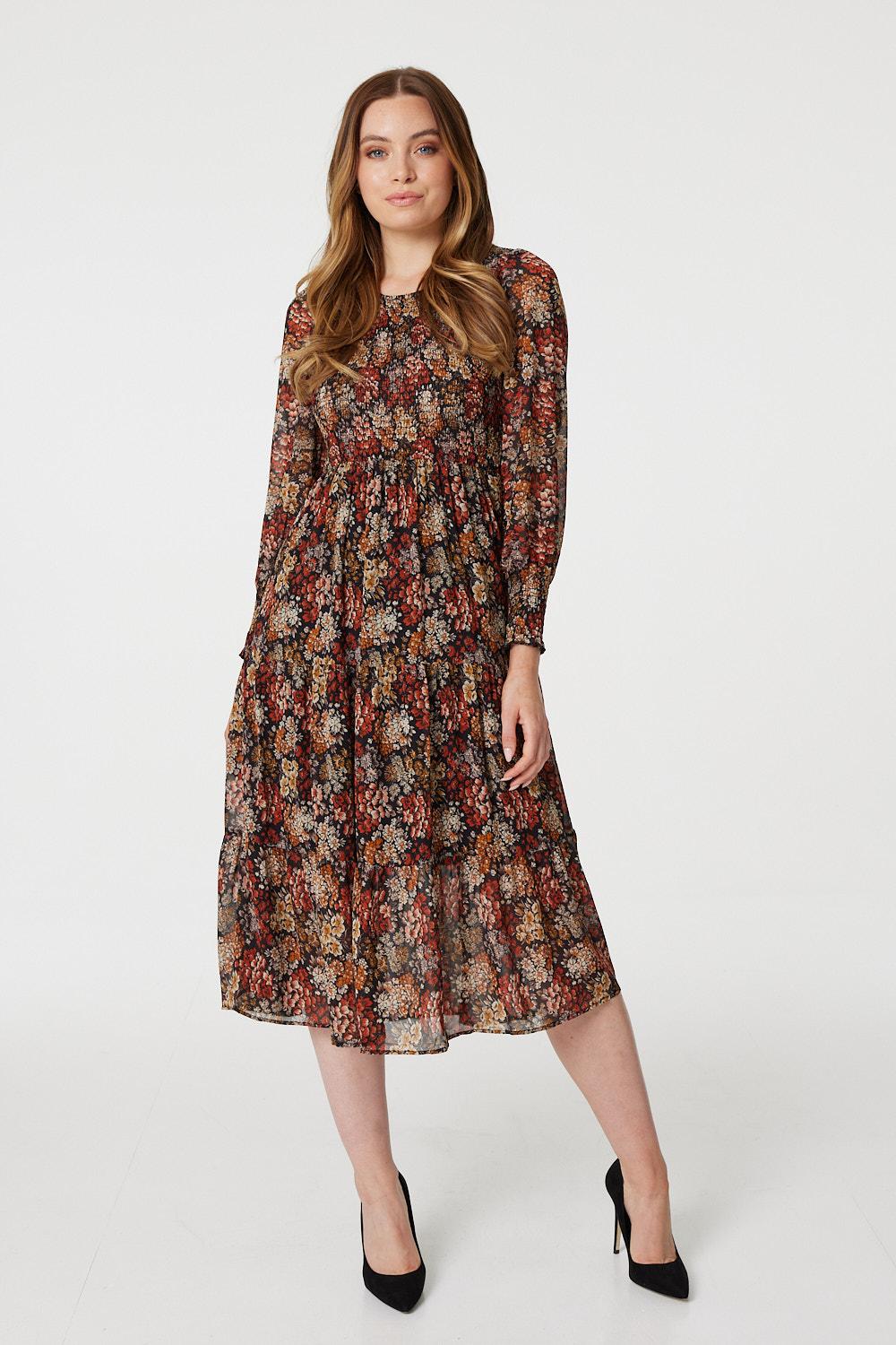 Rust | Vintage Floral Smocked Midi Dress