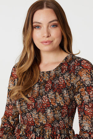 Rust | Vintage Floral Smocked Midi Dress