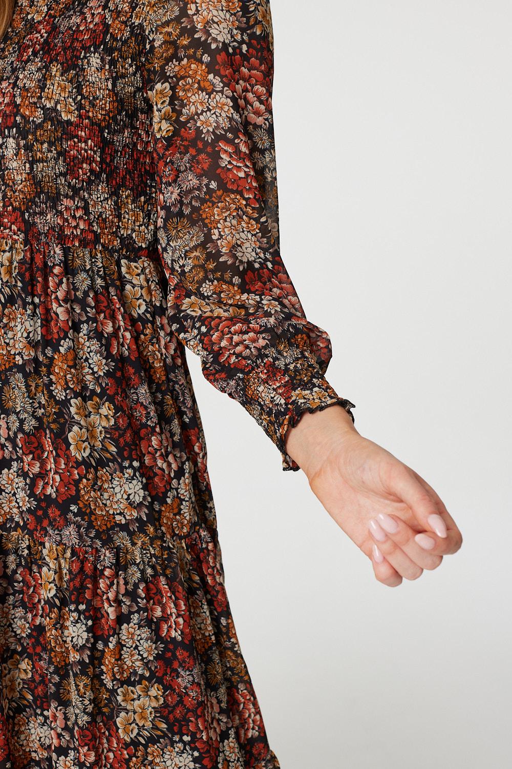 Rust | Vintage Floral Smocked Midi Dress