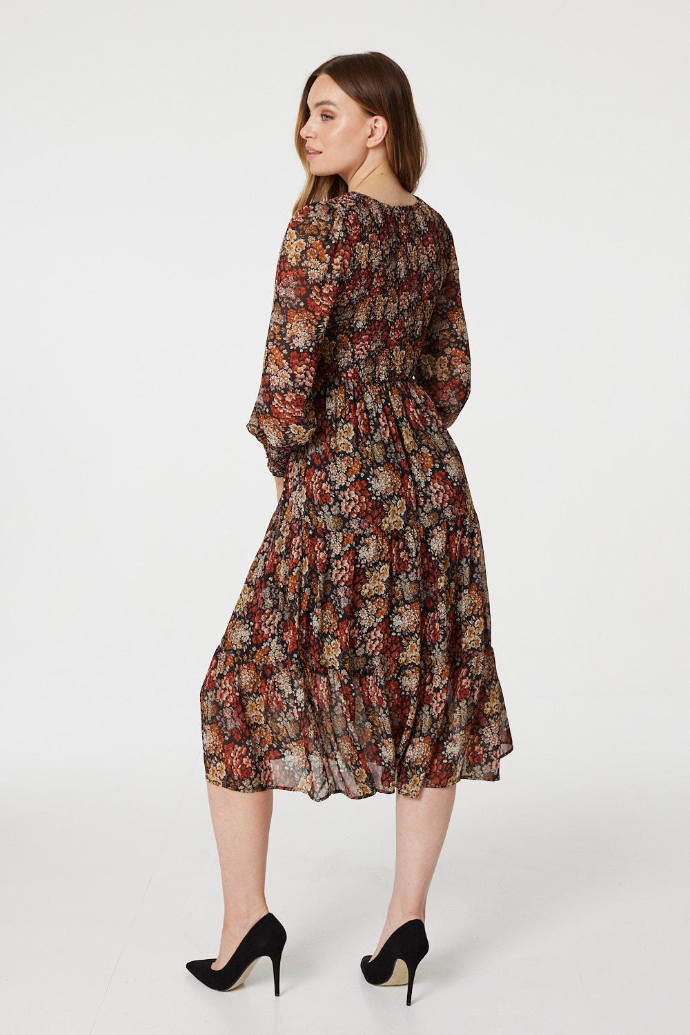 Rust | Vintage Floral Smocked Midi Dress