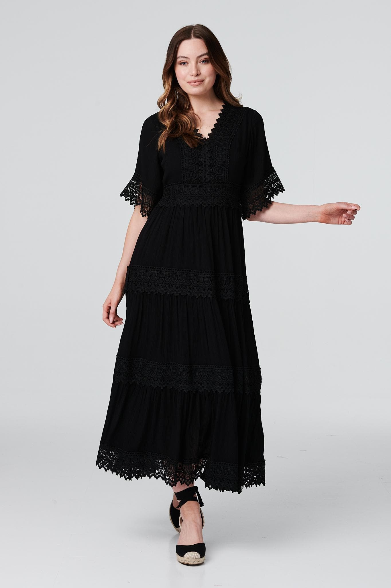 Black | Short Sleeve Crochet Maxi Dress