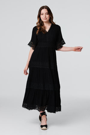 Black | Short Sleeve Crochet Maxi Dress