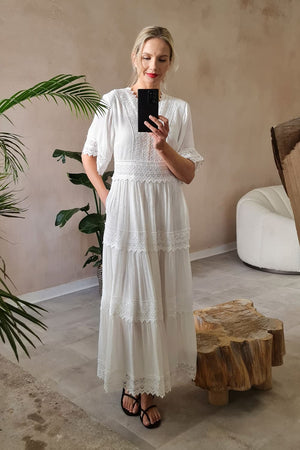 White | Short Sleeve Crochet Maxi Dress : Model is 5'10