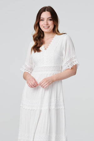 White | Short Sleeve Crochet Maxi Dress