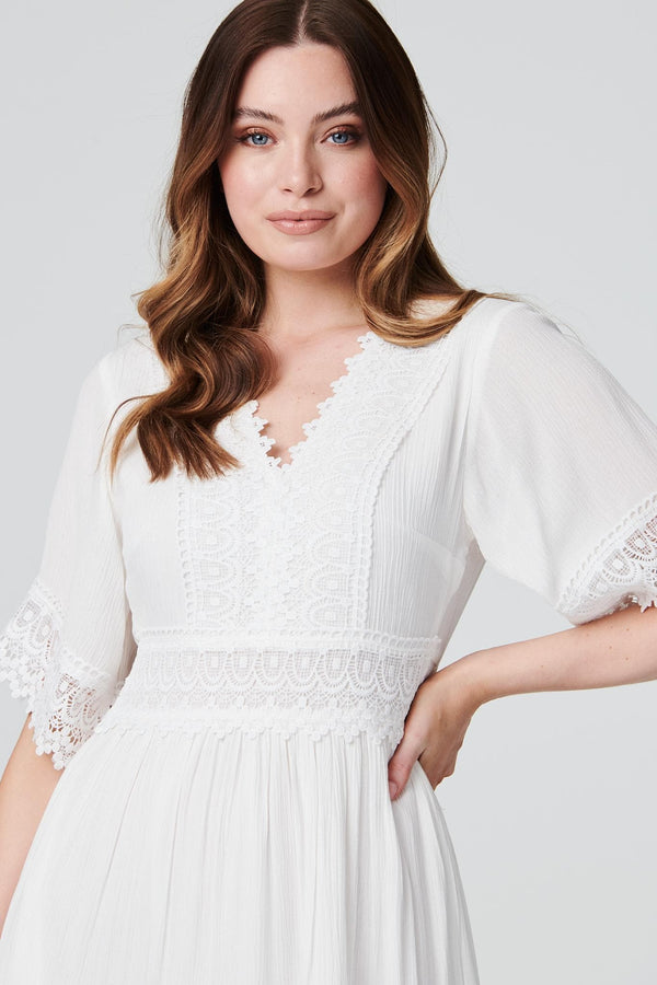 White | Short Sleeve Crochet Maxi Dress